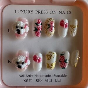 Luxury Press On Nails with Floral and Poodle Design